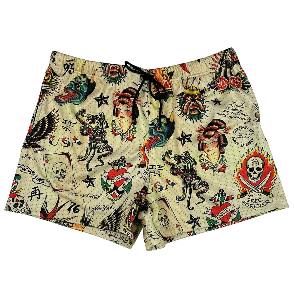Ed Hardy Men's Flashboard Mesh Shorts XL Streetwear Tattoo Geisha Dragon Y2K AOP